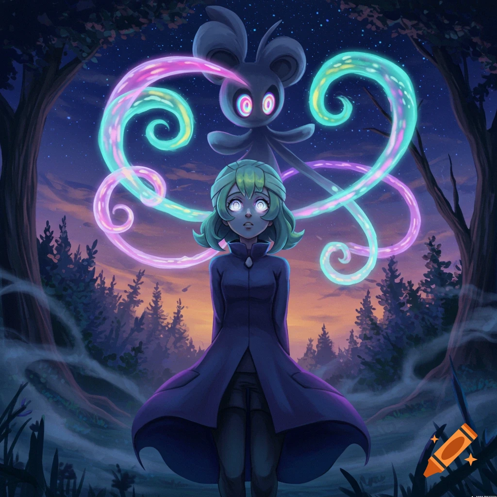 A young woman with green hair and glowing eyes is hypnotized by a glowing, dark, tentacled creature in a dark forest at night. Anime style.