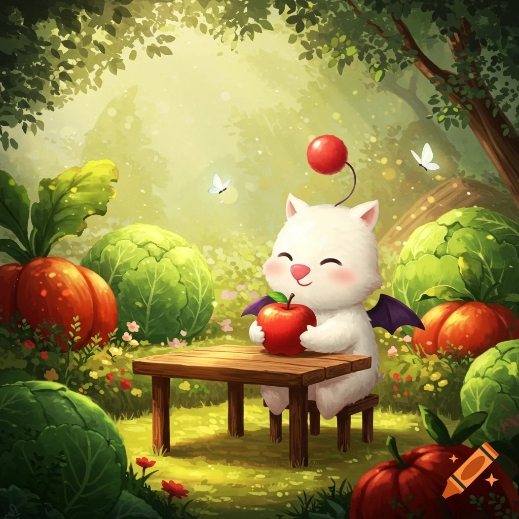 A cute Moogle sits at a table in a sunny, whimsical forest, happily holding a red apple surrounded by large vegetables.