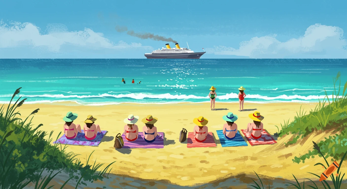 An illustration of a beach scene with people relaxing on towels and swimming, while a large cruise ship sails on the ocean in the distance.