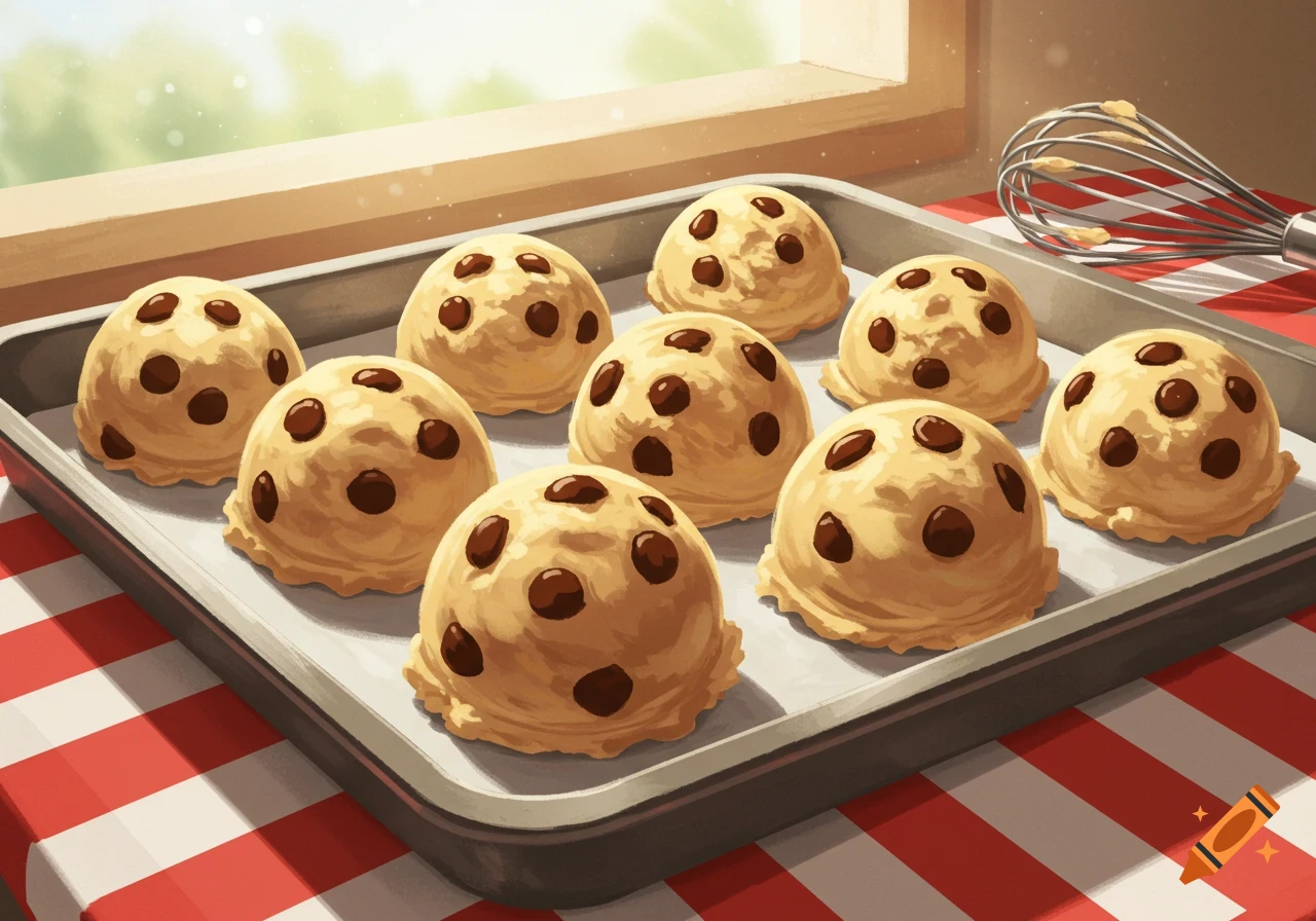 Cartoon style raw chocolate chip cookie dough on a baking tray, with a whisk on a red checkered tablecloth by a window.