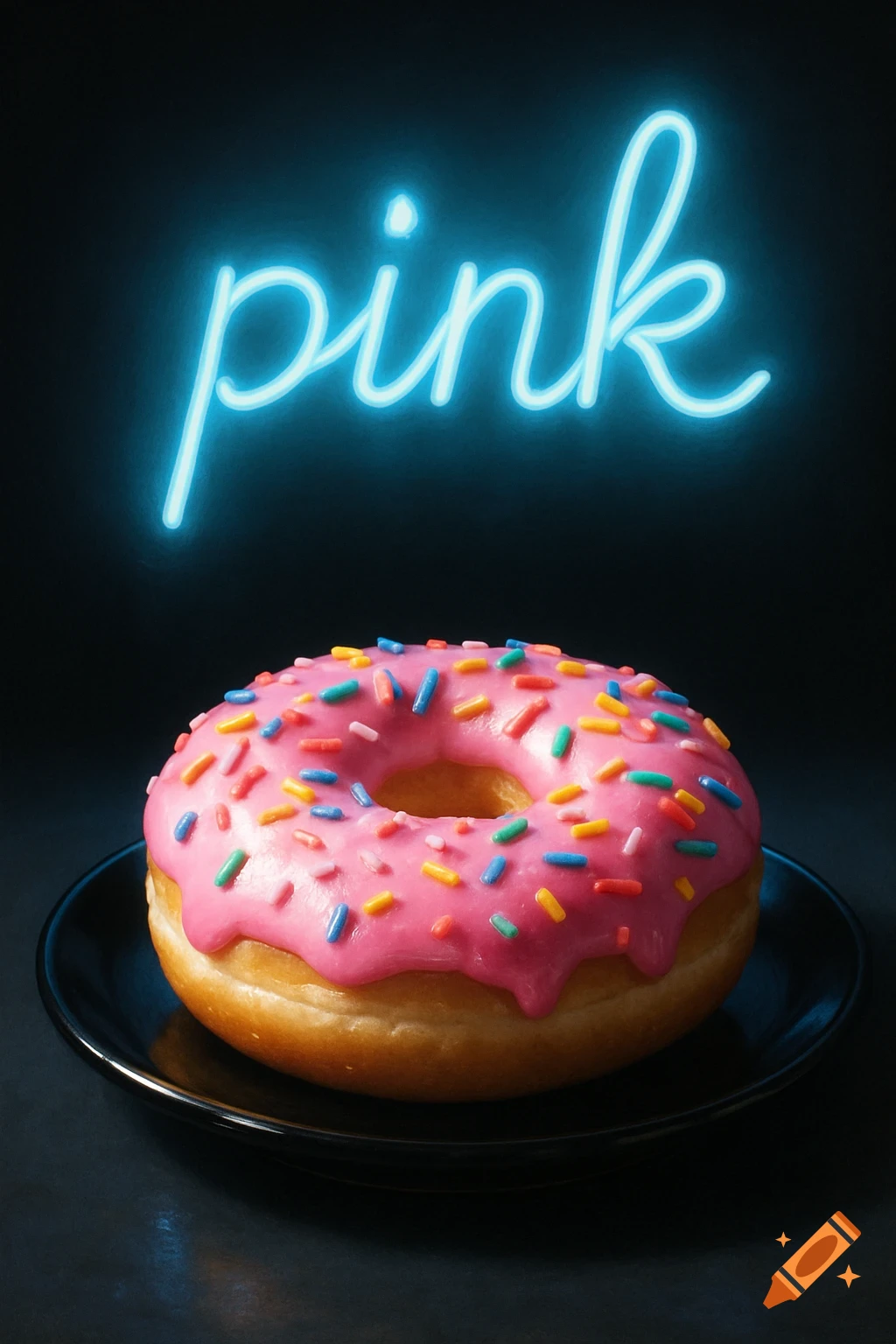 Photorealistic pink donut with sprinkles on a black plate, below a blue neon sign that reads 'pink'.