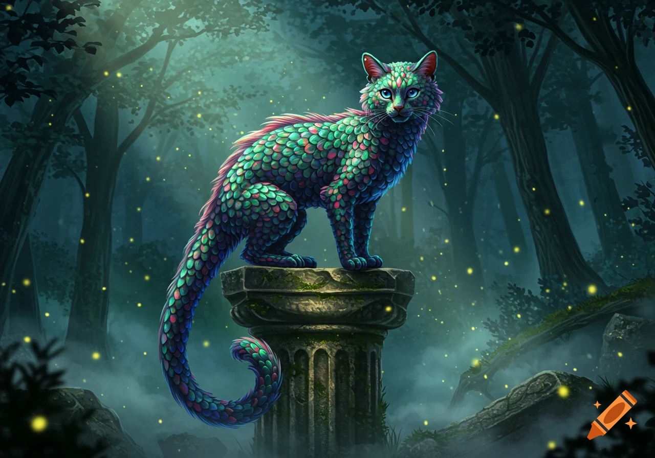 A vibrant, dragon-scaled cat with blue eyes sits atop a mossy stone pedestal in a dark, mystical forest with glowing fireflies.