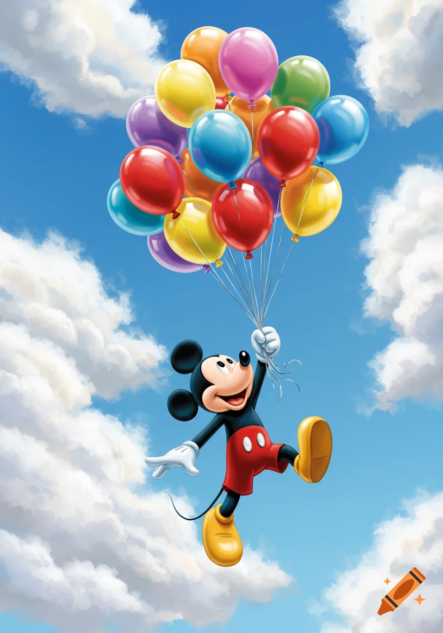 Mickey Mouse flies up high in a blue sky, happily holding a large bunch of colorful balloons amidst white clouds.
