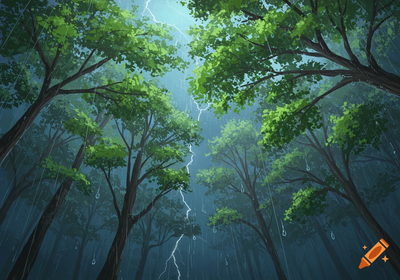 Looking up at green trees during a rainstorm with visible lightning streaking down from a bright sky.