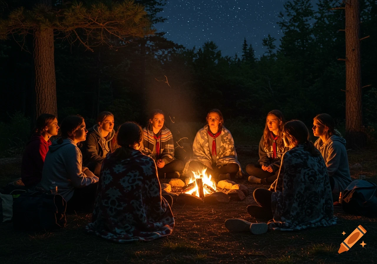 A group of girls sits in a circle around a warm campfire at night under a starry sky in a forest.
