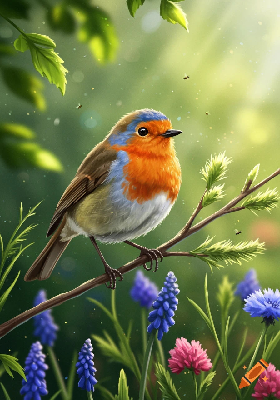 A colorful bird with an orange chest and blue head perched on a branch among green leaves and purple and pink flowers.
