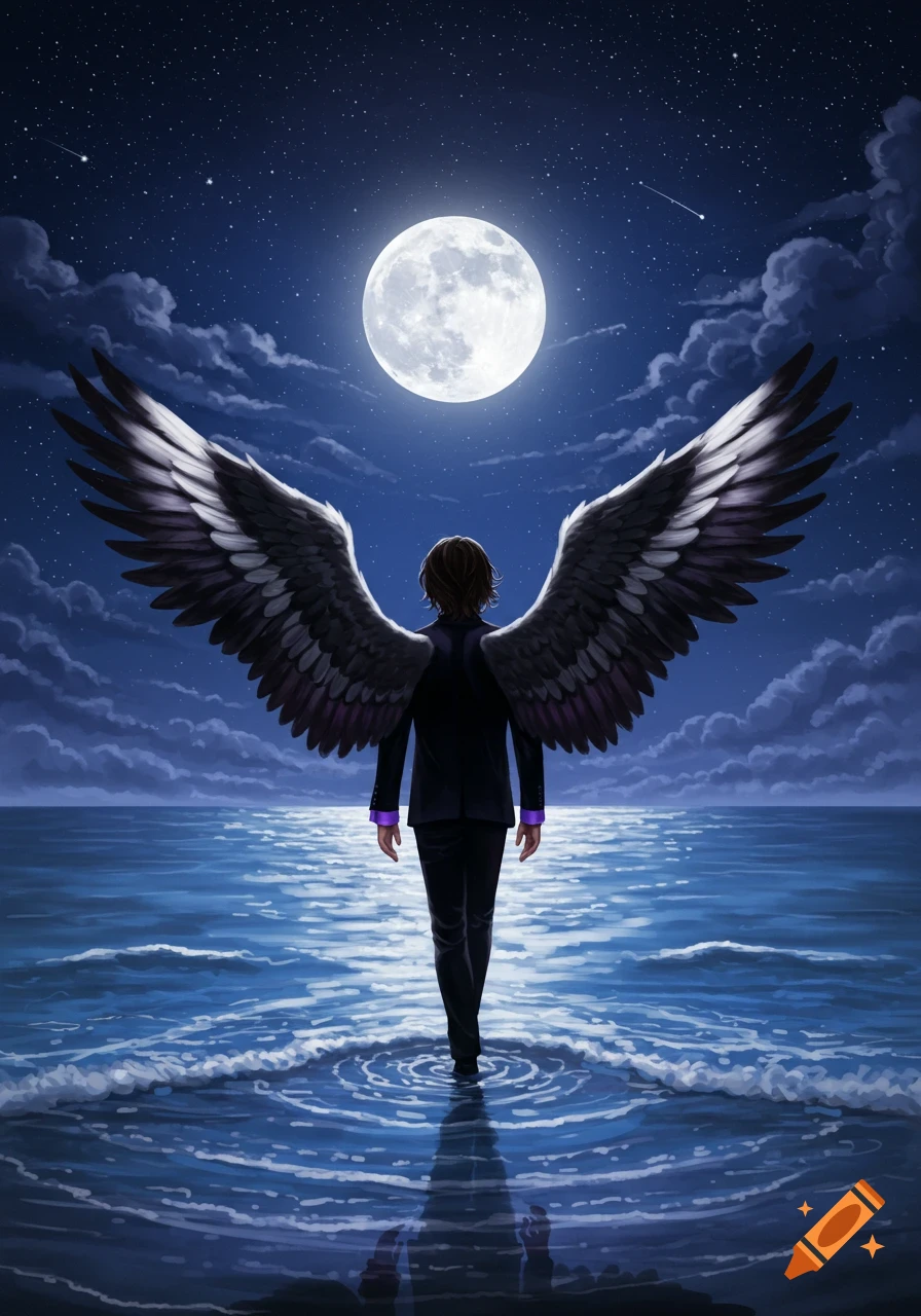 An individual with large black and white angel wings and a black suit with purple cuffs stands in the ocean at night, gazing at a full moon under a starry sky.