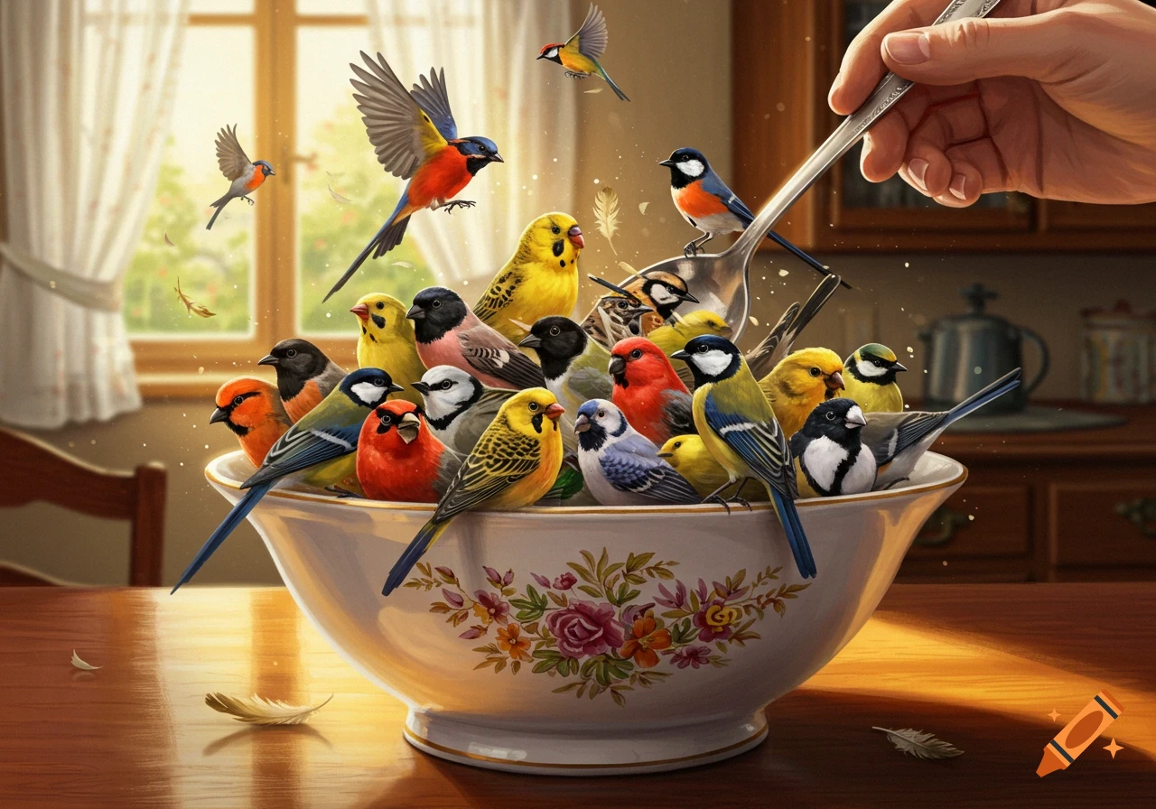 A white bowl filled with numerous colorful birds, some flying, as a hand holds a spoon above it in a sunlit kitchen.