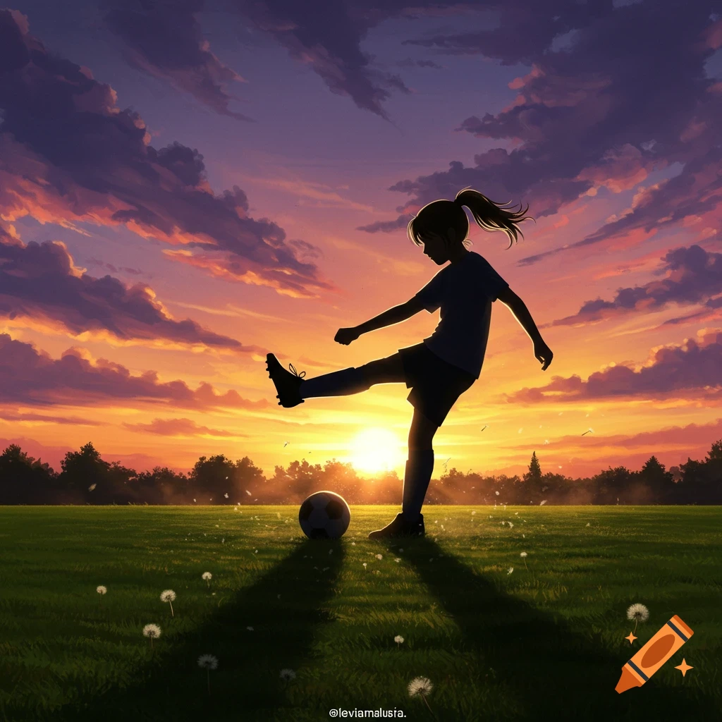 A silhouette of a girl playing soccer on a grassy field at sunset, with a vibrant orange and purple sky.