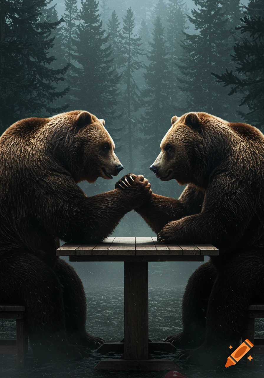 Two photorealistic grizzly bears arm wrestling at a wooden table in a dark, misty forest.