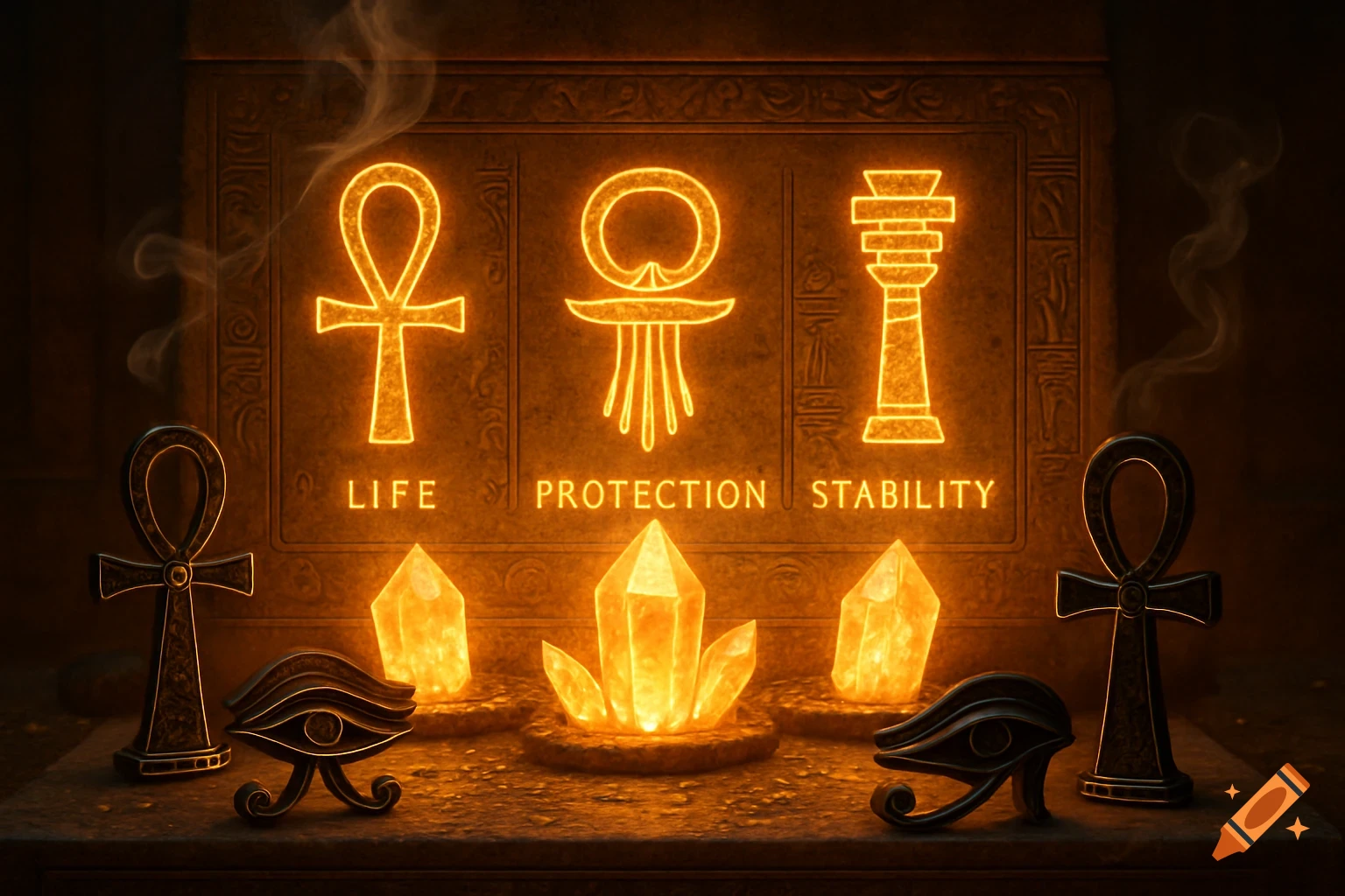Three glowing ancient Egyptian symbols for life, protection, and stability on a stone wall, flanked by glowing crystals, ankhs, and Eyes of Horus.