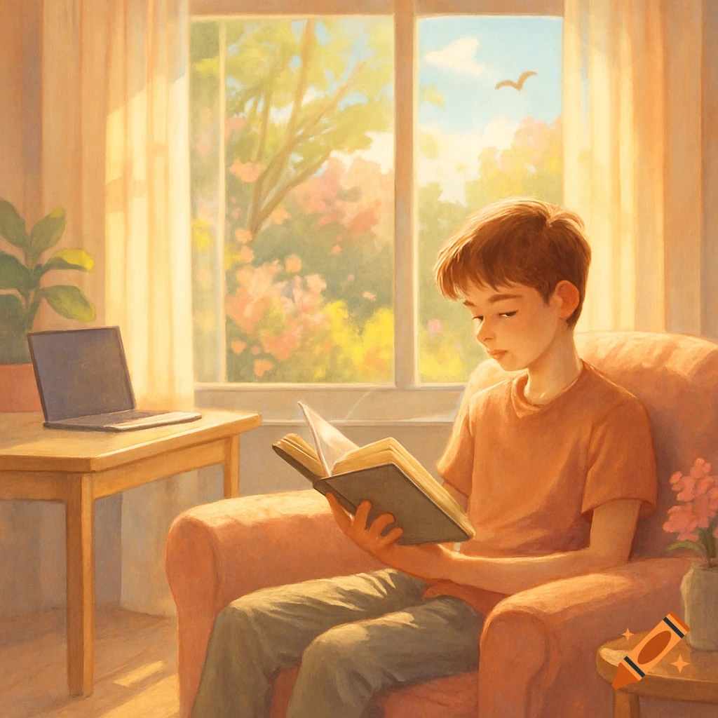 A young boy reads a book in a cozy, sunlit room with a laptop on a desk and spring trees visible outside, in an illustrative style.