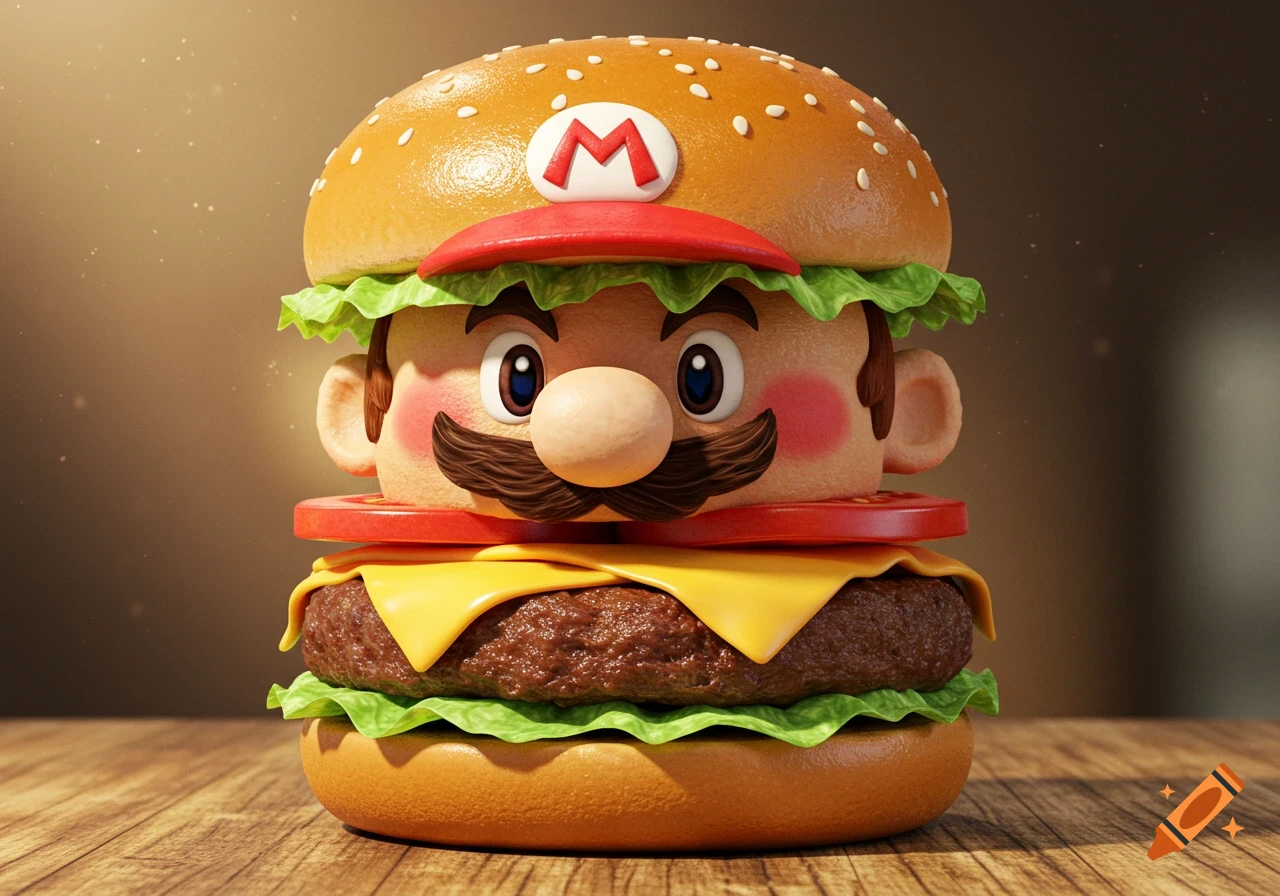 A whimsical burger designed to look like the character Mario, complete with a hat, mustache, and big eyes, on a wooden table.