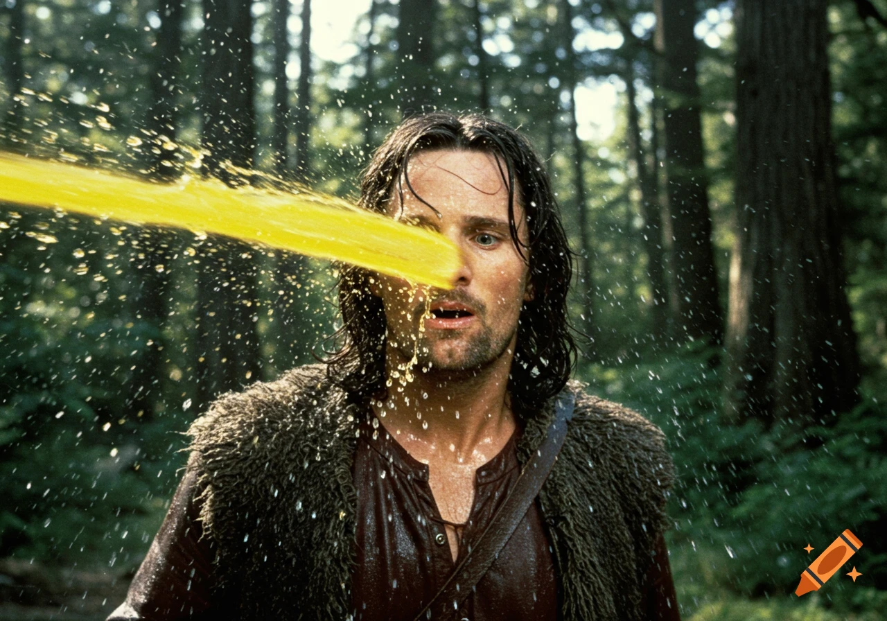 Aragorn in a forest, his face struck by a bright yellow stream of water, creating a splash.