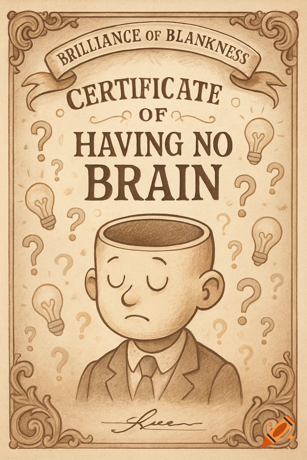 A sepia-toned cartoon certificate for 'HAVING NO BRAIN' featuring a man with an empty head surrounded by question marks and lightbulbs.