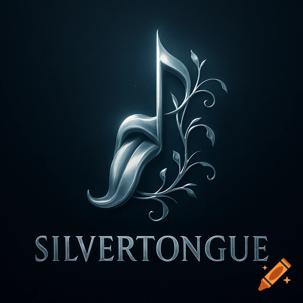 A silver stylized musical note shaped like a tongue, intertwined with vines, above the band name 'SILVERTONGUE' on a dark background.