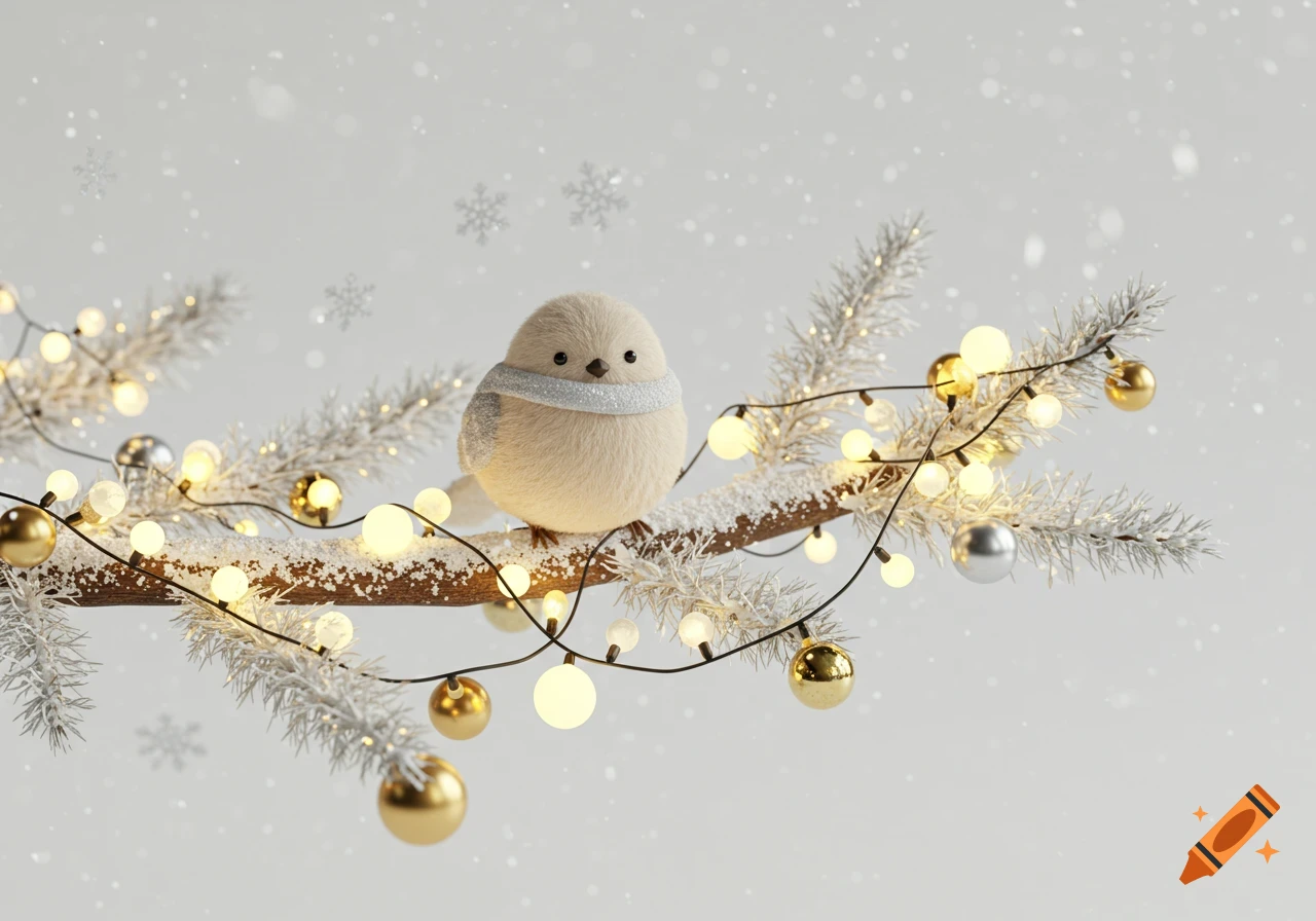 A fluffy bird with a scarf sits on a snow-covered branch adorned with glowing Christmas lights and falling snowflakes in a 3D style.