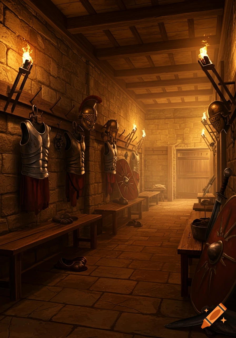 A dimly lit stone locker room with Roman armor, helmets, shields, and swords hanging on walls, with benches.