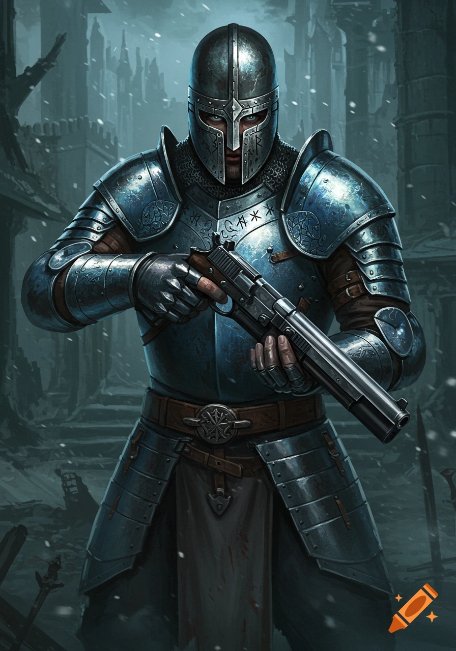 A heavily armored knight in metallic blue rune armor holds a pistol in a snowy, ruined environment.