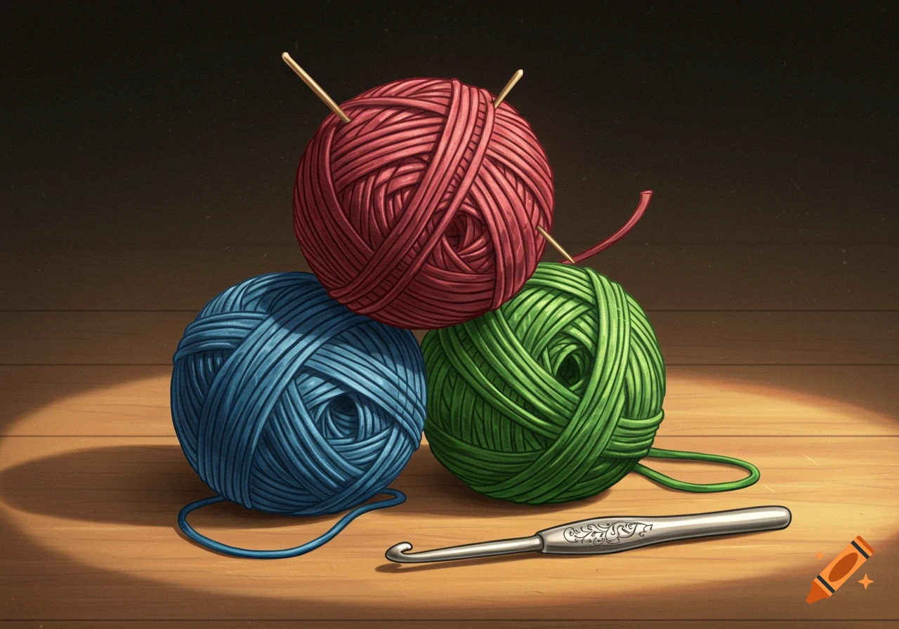 Three balls of yarn (red, blue, green) stacked, with a silver crochet hook on a wooden surface.