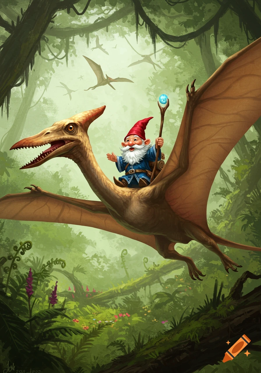 A smiling gnome wizard with a red hat and white beard rides on the back of a large pterodactyl through a lush, green jungle.