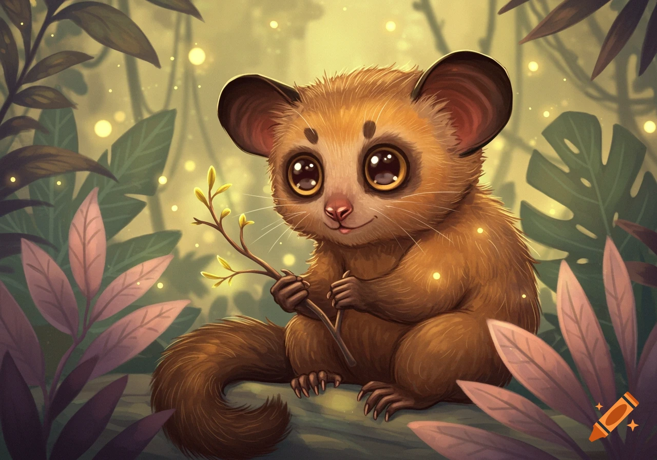A cute, fluffy brown cartoon aye-aye with big eyes holds a small branch in a whimsical jungle with glowing lights.