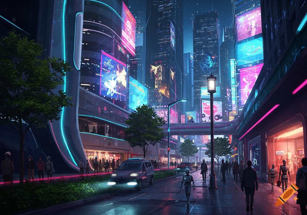 A vibrant, futuristic cyberpunk city street at night, lit by neon signs on towering skyscrapers, with people and robots on the sidewalk.