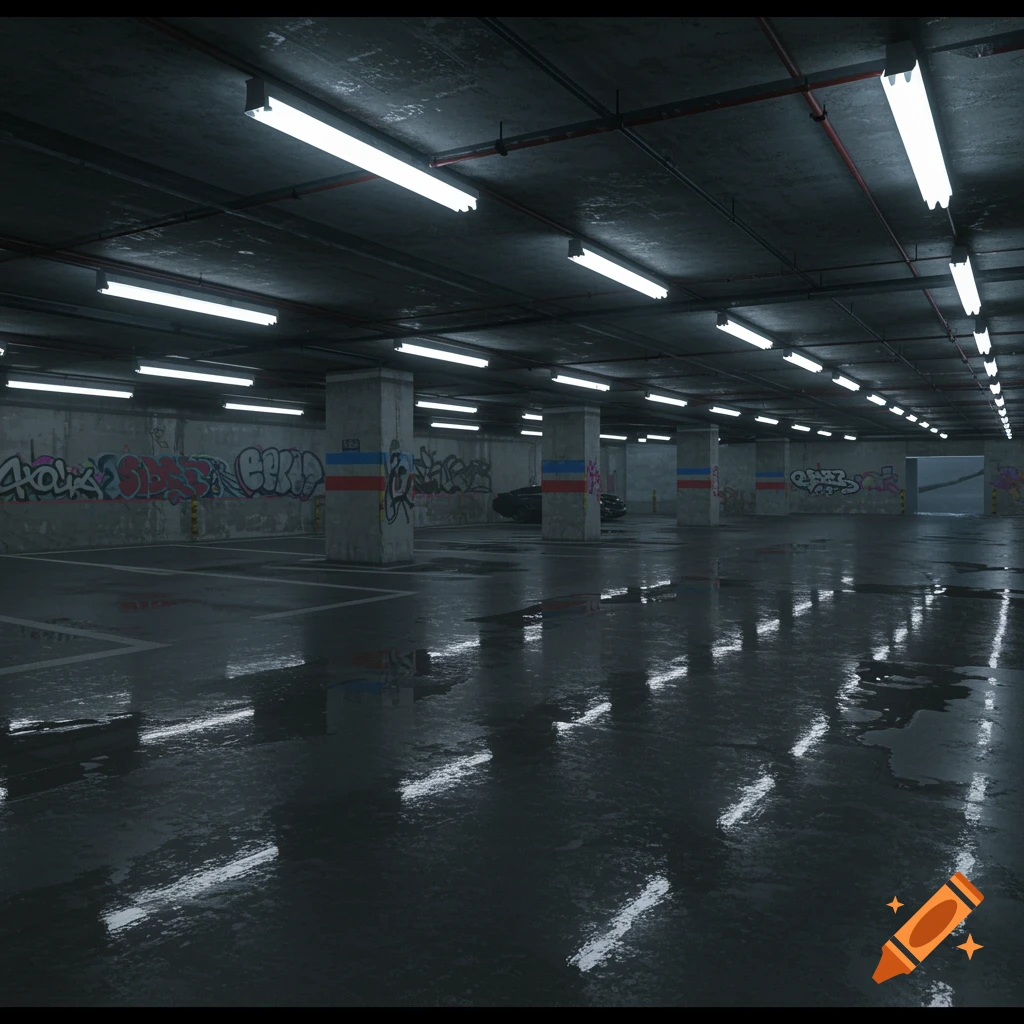 A moody, wet underground carpark with concrete pillars and walls covered in graffiti, lit by fluorescent lights, reflections on the ground.