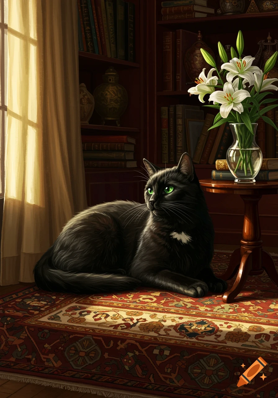 A black cat with green eyes lies on a patterned rug in a sunlit room, with bookshelves and a vase of white lilies nearby.