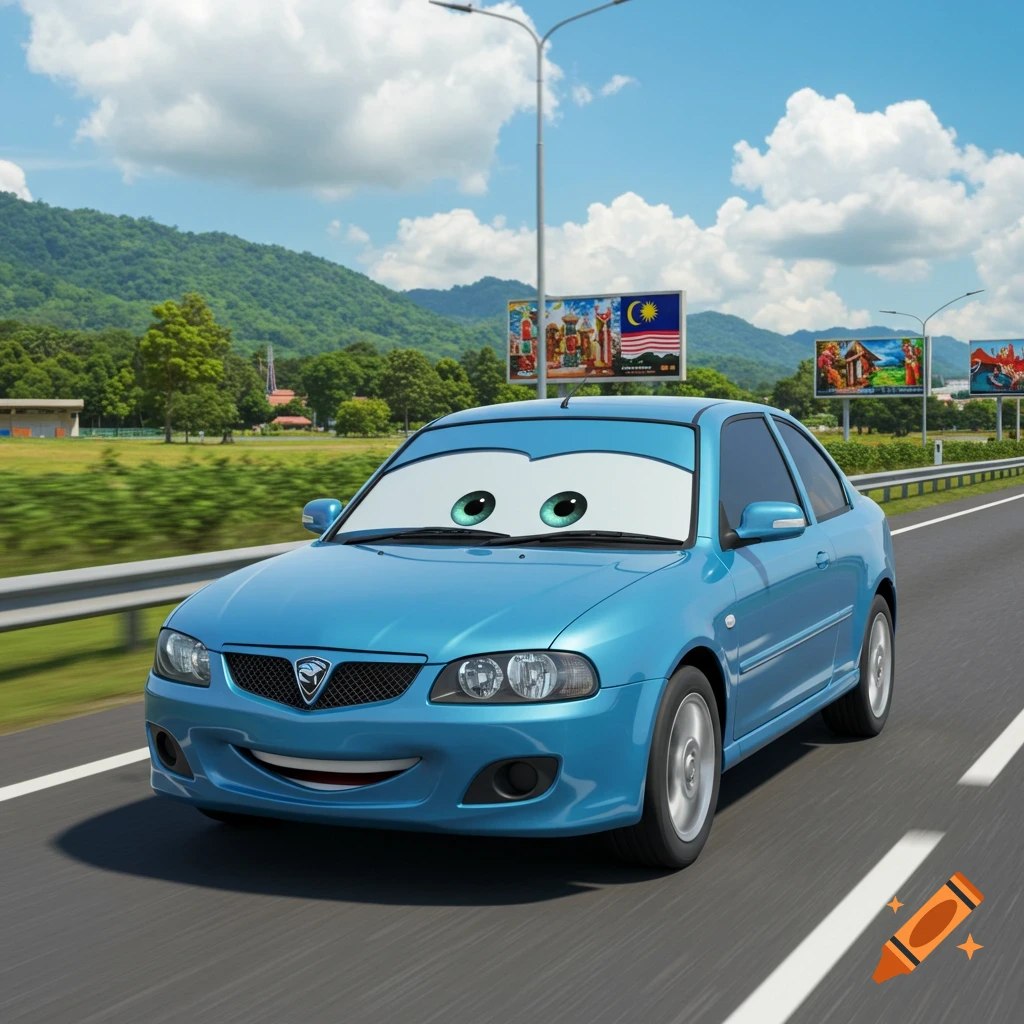 A cyan blue 2005 Proton GEN 2 car with cartoon eyes and a smiling face, in the style of Pixar Cars, drives on a Malaysian highway under a blue sky.