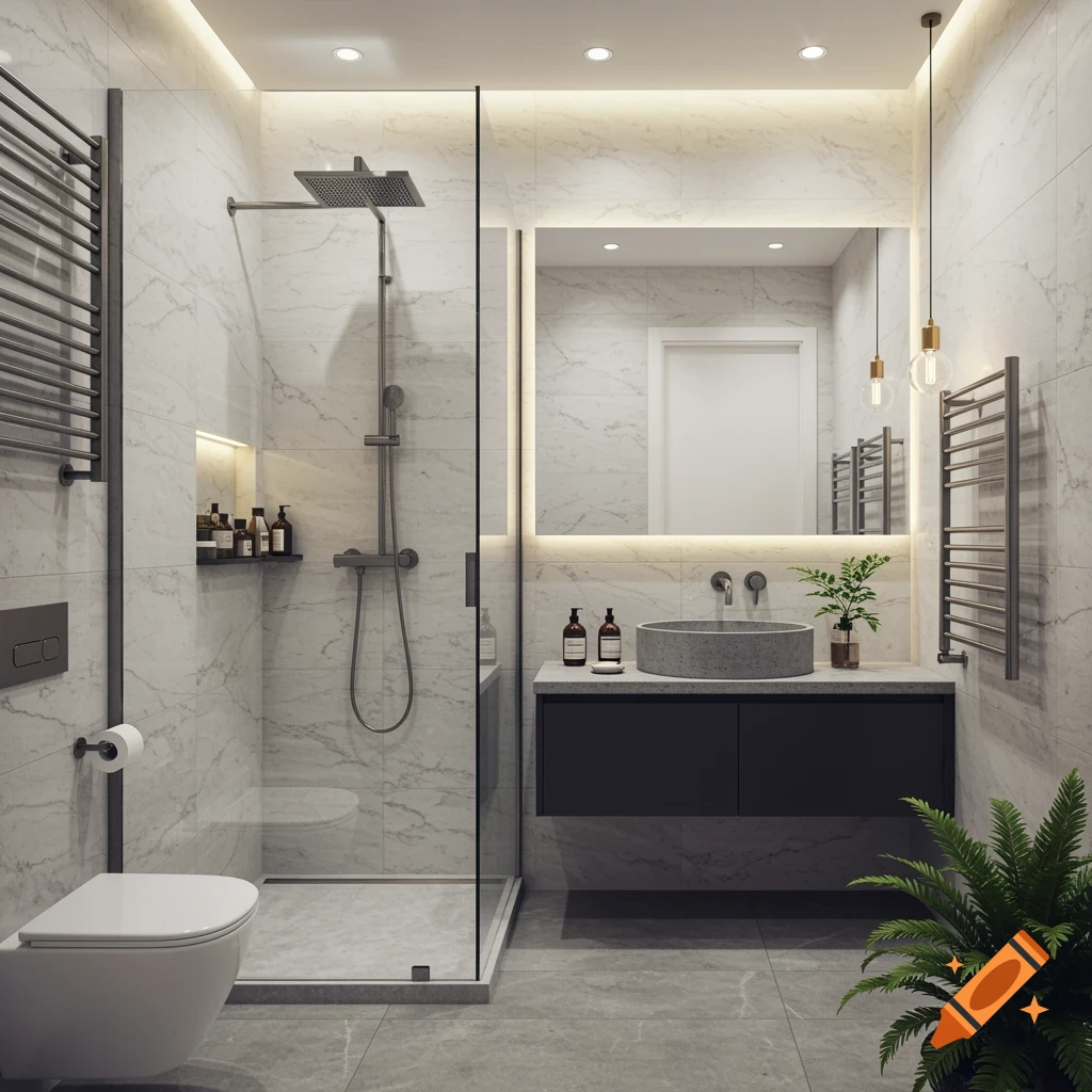 A clean, modern bathroom with white marble tiles, a glass shower, a floating vanity with a gray basin, and a wall-mounted toilet.