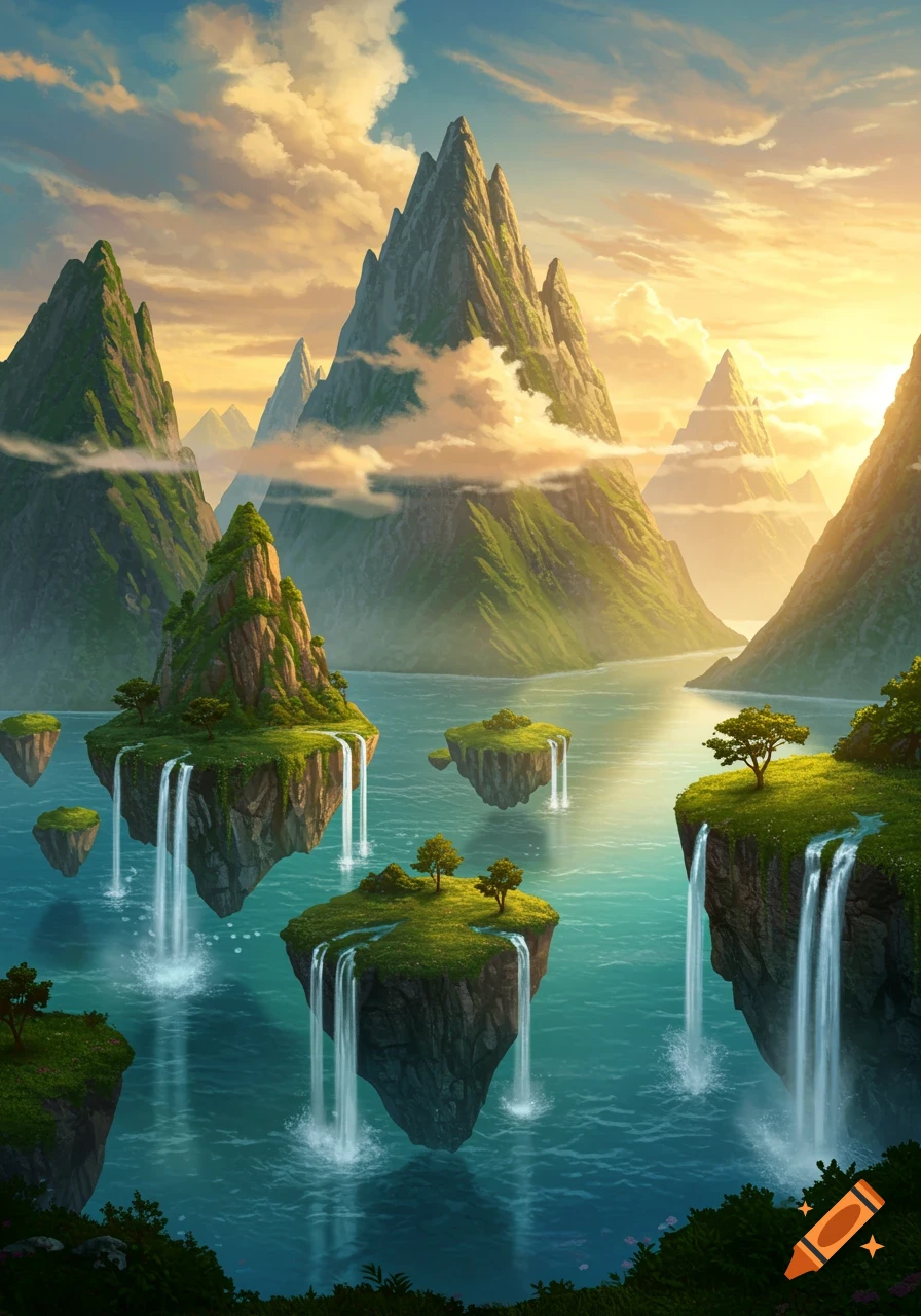 A vibrant fantastical landscape with floating islands, waterfalls cascading into a blue lake, and jagged green mountains under a golden sunset sky.