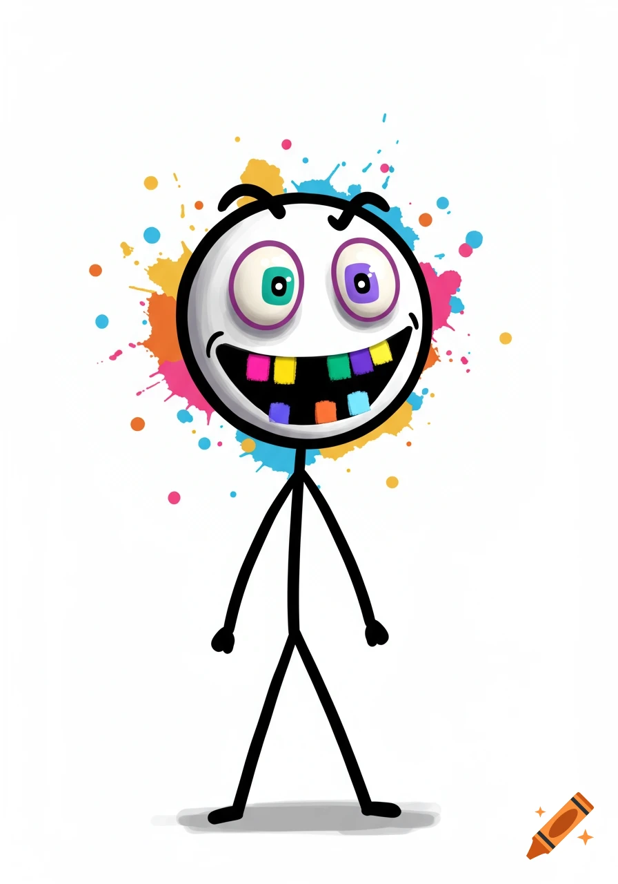 A smiling, colorful stickman illustration with googly eyes, multicolored teeth, and vibrant paint splatters behind its head.