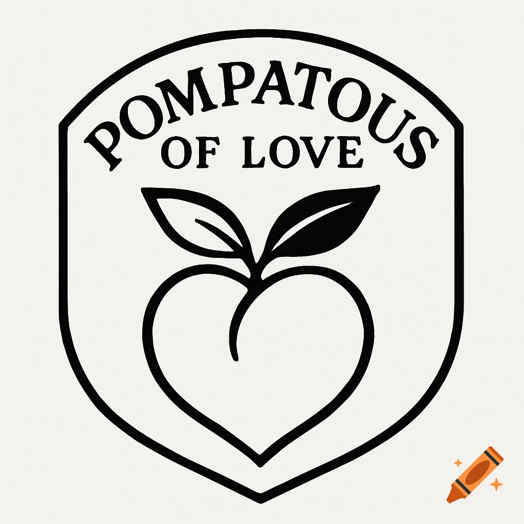 A black and white crest logo with the words 'POMPATUOS OF LOVE' above a heart-shaped peach with two leaves.