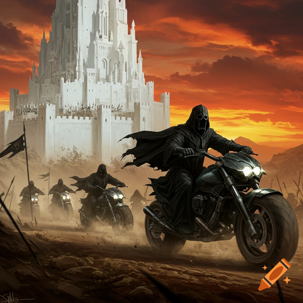 Nazgul-like figures in black cloaks ride motorcycles on a dirt path towards a towering white castle under an orange sky.