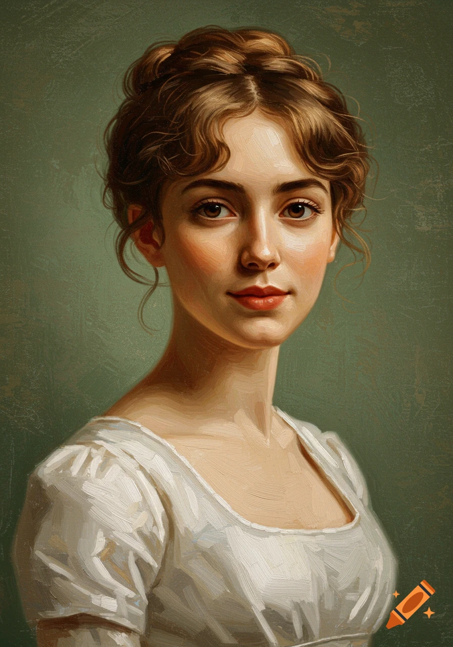A close-up oil paint portrait of a young woman with light brown hair in a messy bun, wearing a white gown, against a green background.