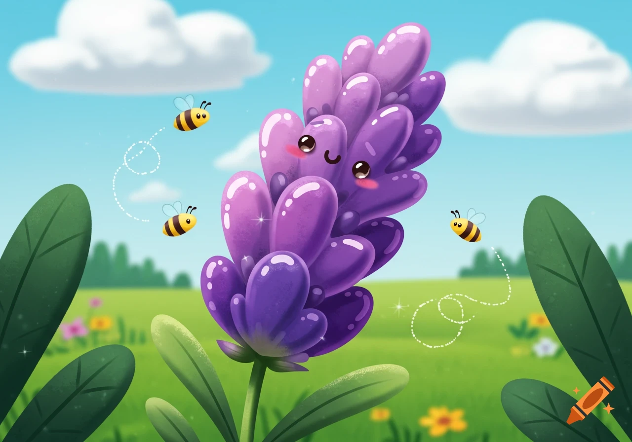 A whimsical cartoon illustration of a lavender flower with a smiling face, surrounded by bees in a sunny green field.