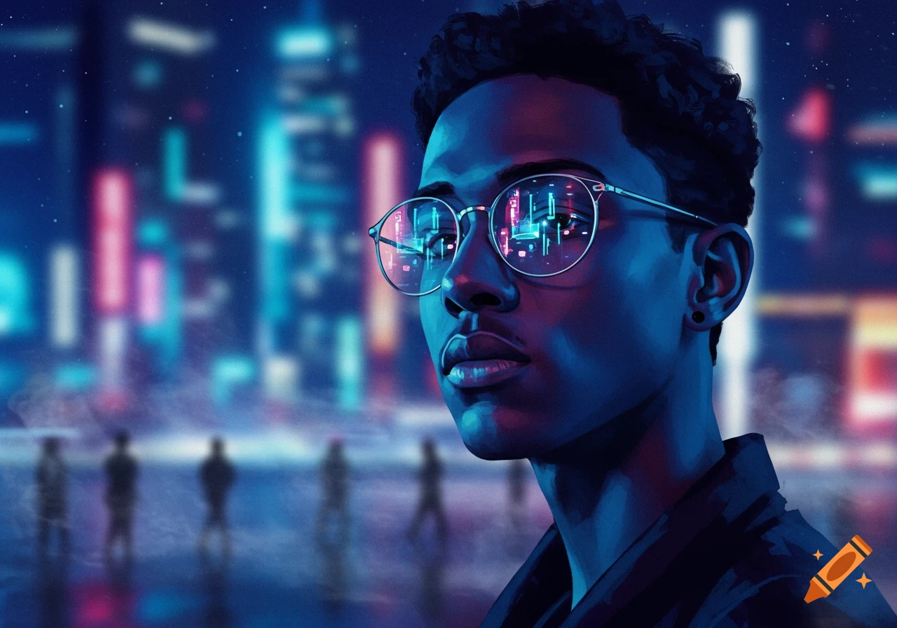 A stylized portrait of a person with glasses reflecting a futuristic city at night, bathed in blue and purple neon lights.