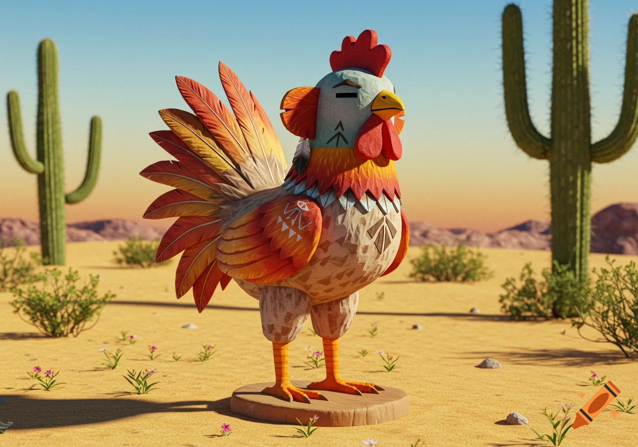 A colorful stylized chicken doll stands in a sunny desert landscape with saguaro cacti.