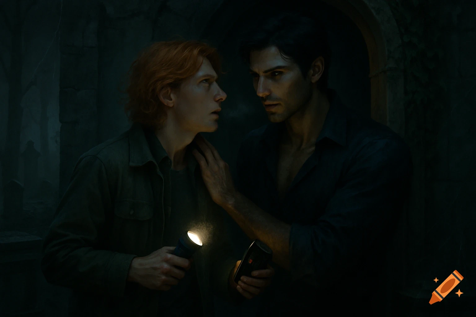 A man with red hair holding a flashlight looks surprised at a dark-haired man touching his neck in a dark, gloomy setting.