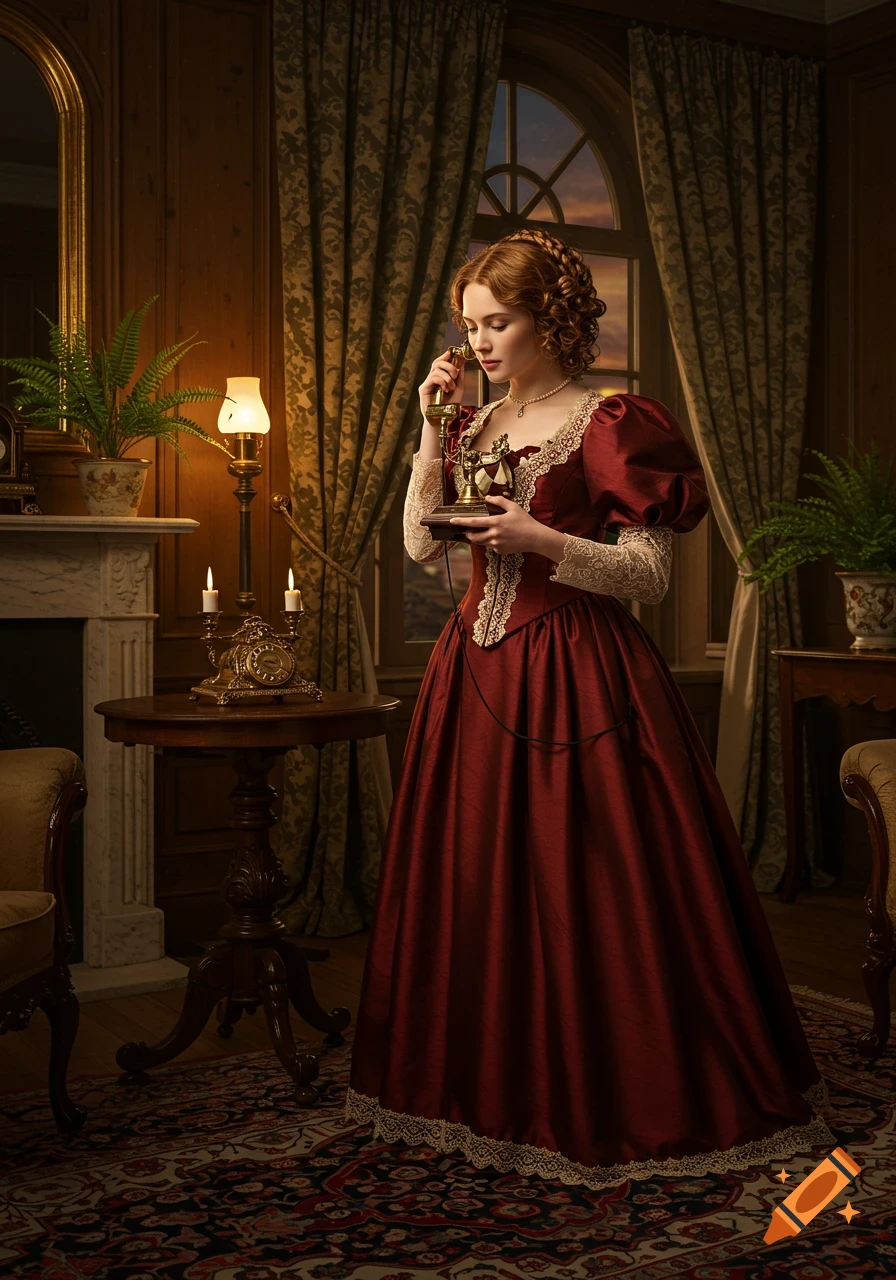 A woman in a red Victorian dress holds a vintage telephone receiver to her ear in a dimly lit, ornate room.