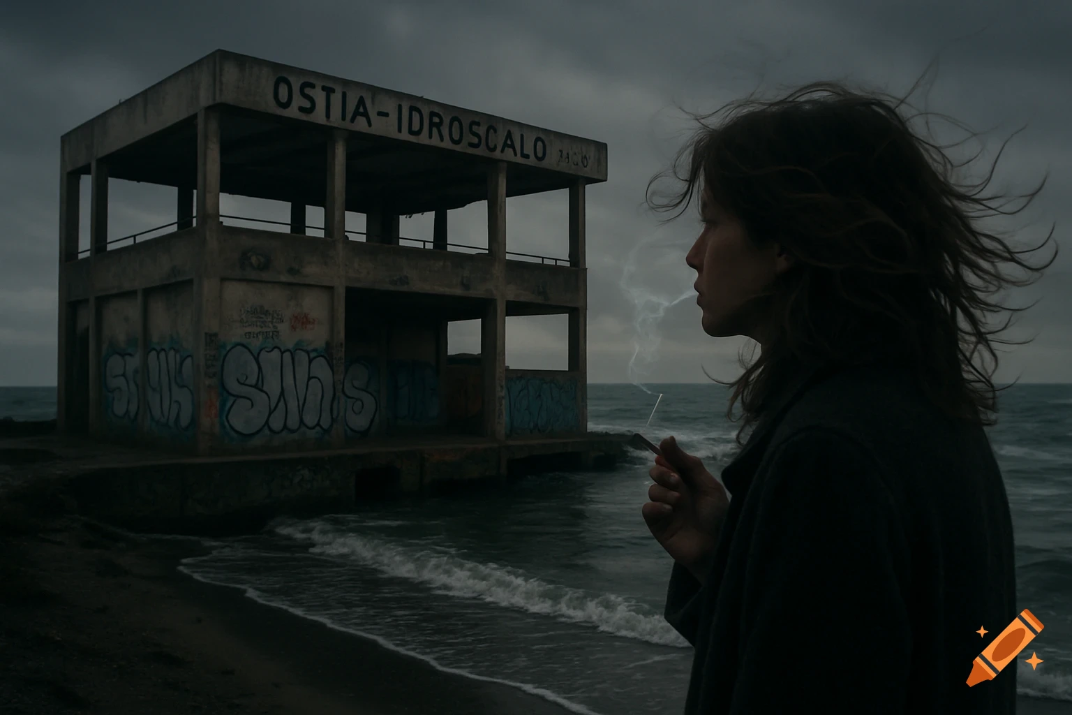Photorealistic image of a person holding a smoking cigarette on a beach next to a crumbling, graffiti-covered concrete building by the sea under a cloudy sky.