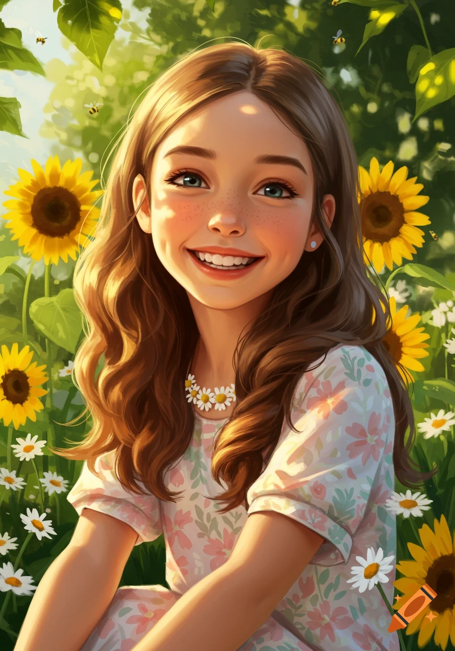 A smiling girl with brown wavy hair and freckles wears a floral dress and a daisy necklace in a field of sunflowers and daisies.