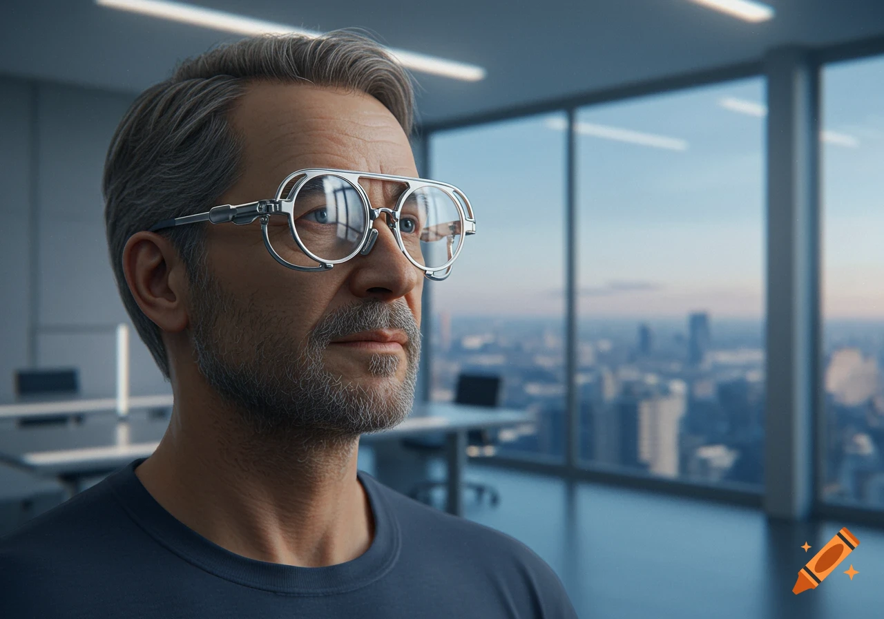 Photorealistic portrait of a man with gray hair and unique glasses looking out over a city from an office.