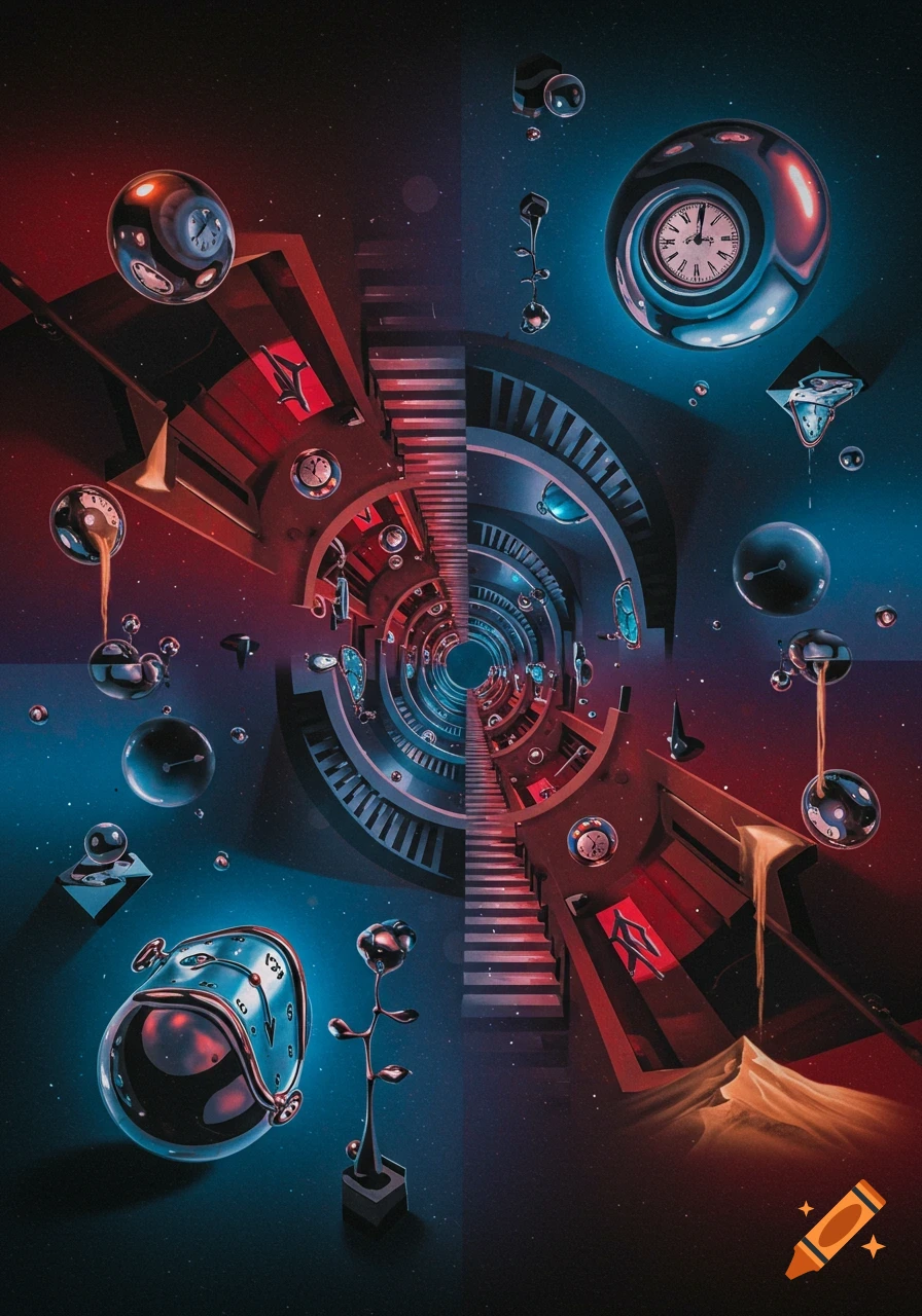 Surreal abstract art with split red and blue halves, featuring floating clocks, melting timepieces, and architectural elements in a cosmic setting.