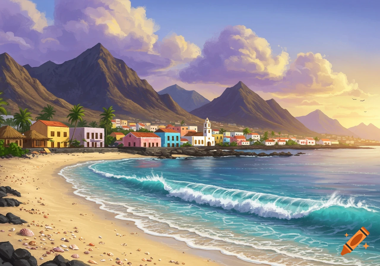 Colorful painting of a vibrant beach town with a sandy shore, turquoise ocean waves, and mountains under a sunset sky.