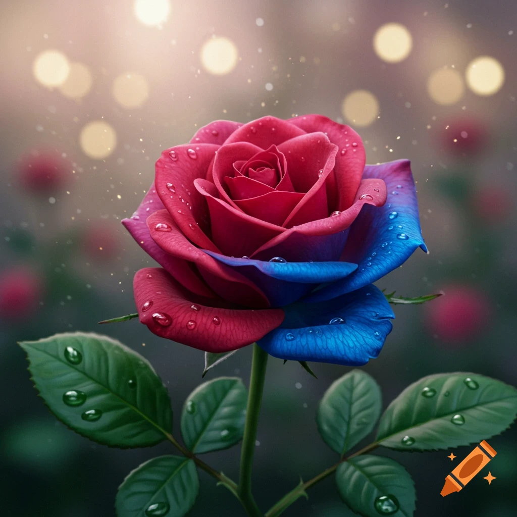 A vibrant rose with red petals on one side and blue petals on the other, covered in water droplets, against a blurred background of lights.