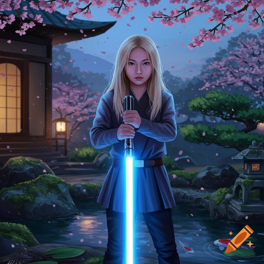 An Asian girl with blonde hair in a blue robe holds a glowing blue lightsaber, standing in a cherry blossom-filled Japanese garden at dusk. Koi swim in a pond behind her.