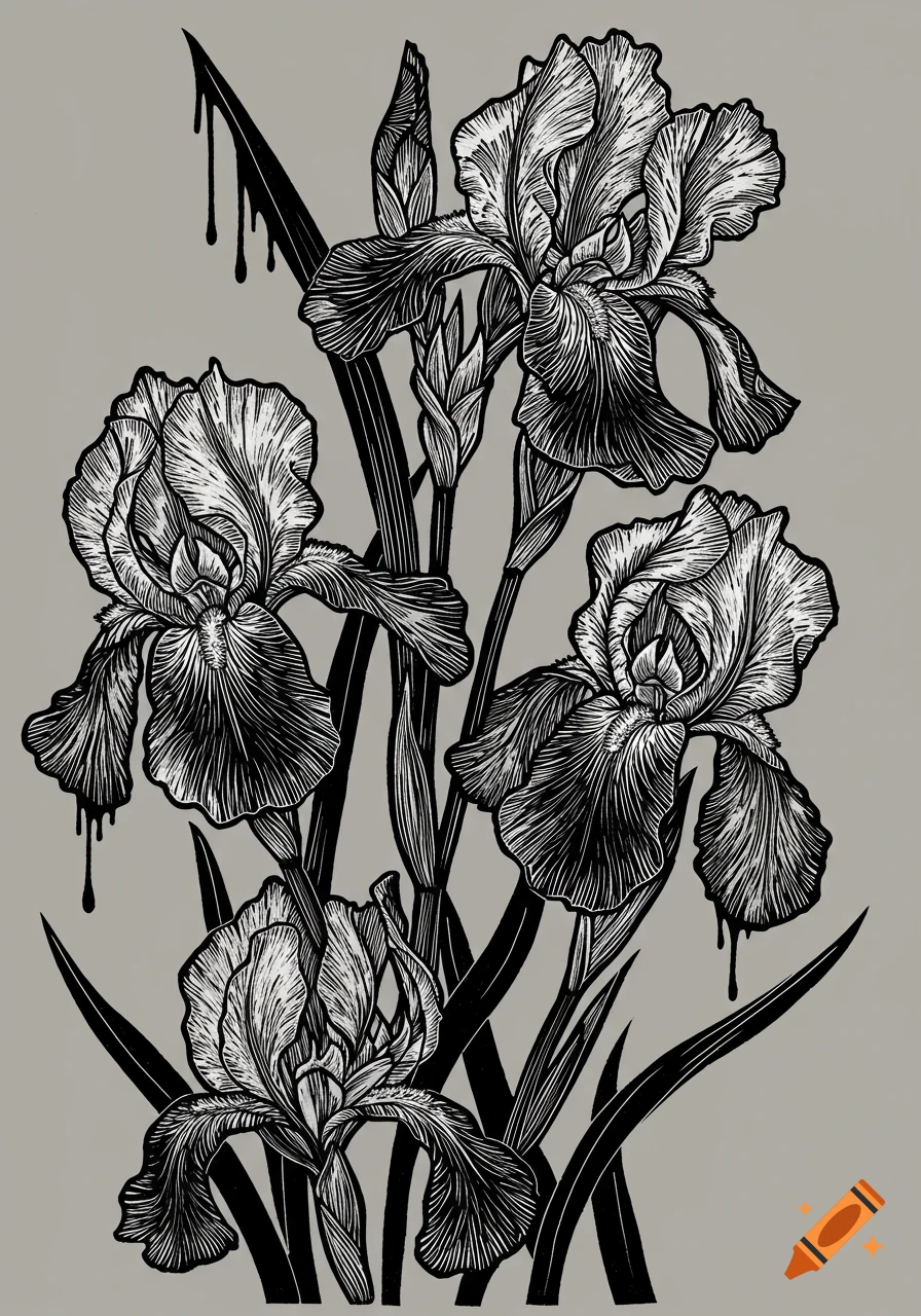 Black and white block print illustration of Art Nouveau irises with a dripping effect.