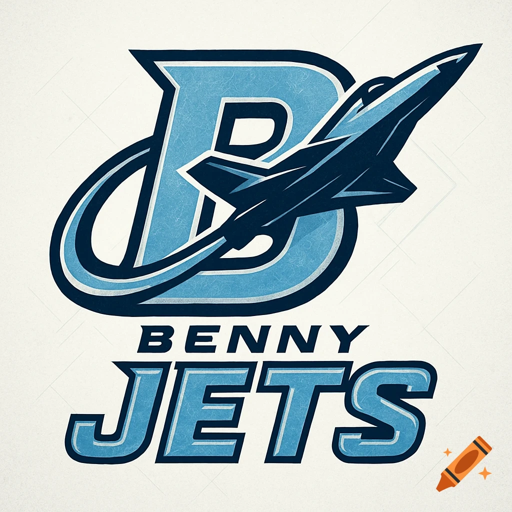 A blue and dark blue sports logo featuring a stylized letter B and a jet, with the text 'BENNY JETS' below.